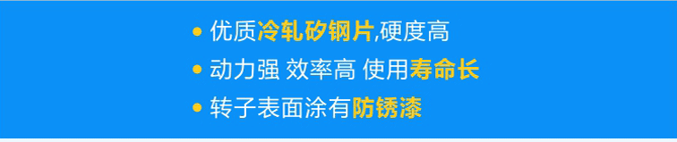 使用優(yōu)質(zhì)冷軋矽鋼片，硬度高；轉(zhuǎn)子經(jīng)高頻淬火，動(dòng)力強(qiáng) 效率高 壽命長(zhǎng)；轉(zhuǎn)子表面涂有防銹漆，更耐用！